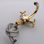 Polished Brass bath shower mixer tap dual handle control detail view