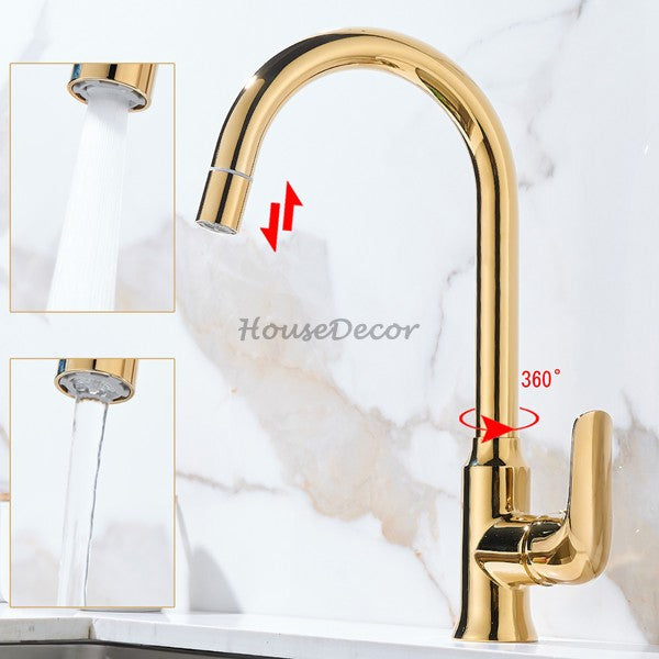 Gold kitchen sink mixer tap pull out spray detail view