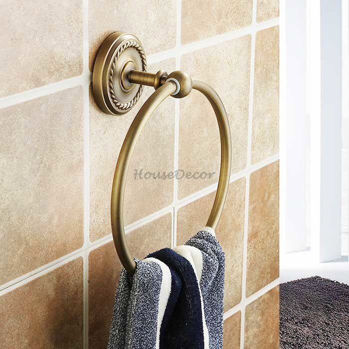 Antique Brass towel ring wall mounted design detail view