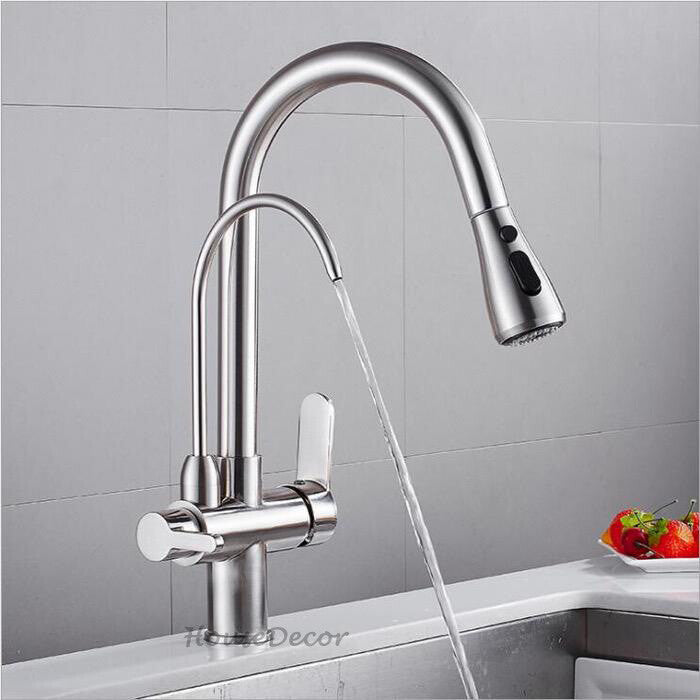Modern kitchen sink mixer tap pull out spray detail view
