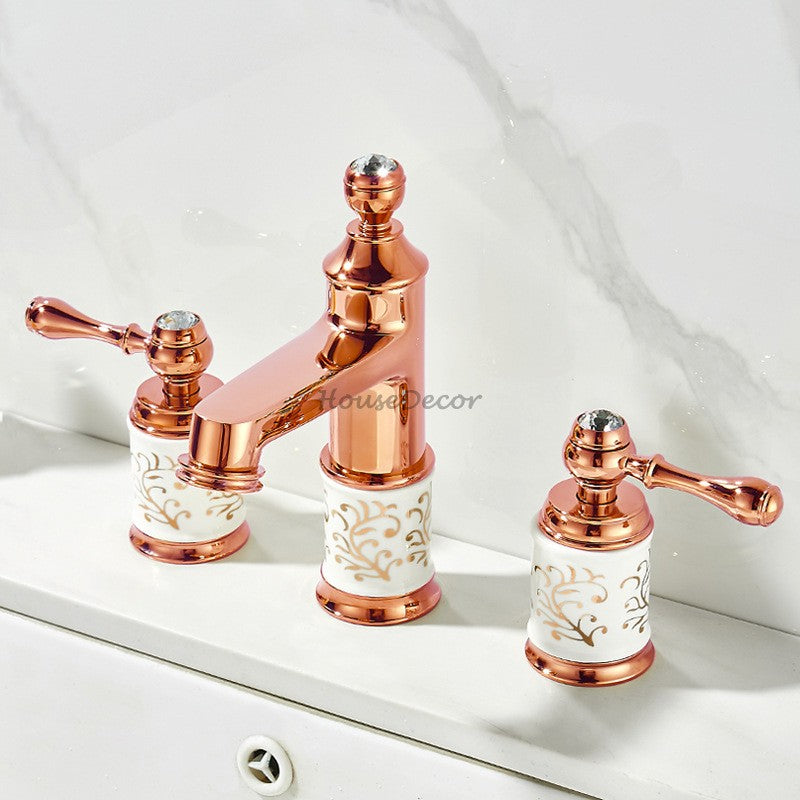 Gold Ceramic bathroom basin mixer tap 3 hole installation detail view