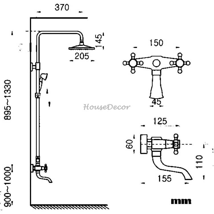 Antique Brass bath shower mixer tap wall mounted design detail view