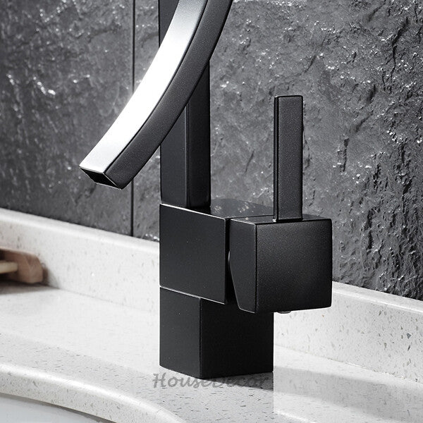 Black bath shower mixer tap waterfall spout detail view