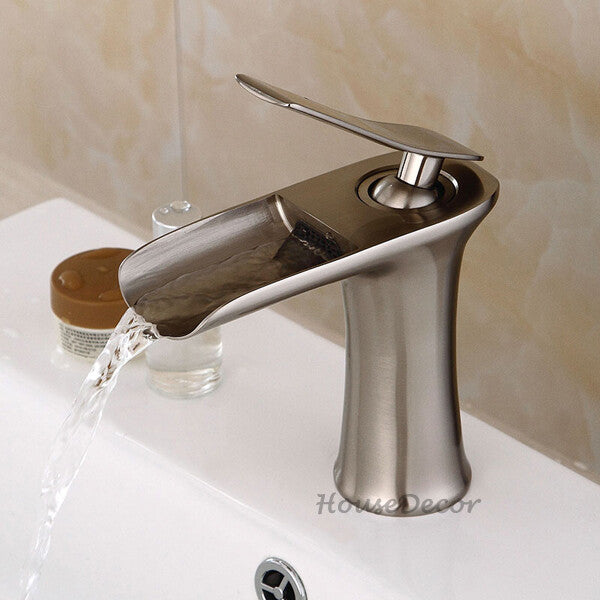 Brushed Nickel Brass bathroom basin mixer tap waterfall spout main view