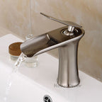 Brushed Nickel Brass bathroom basin mixer tap waterfall spout main view