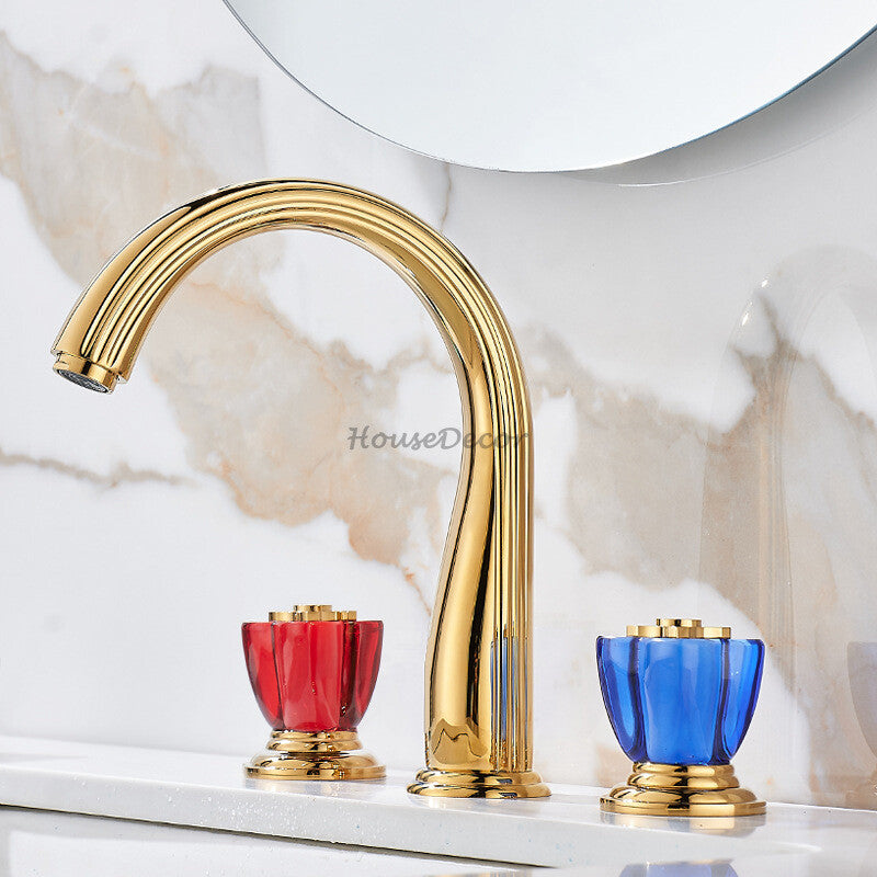 Gold bath shower mixer tap dual handle control detail view
