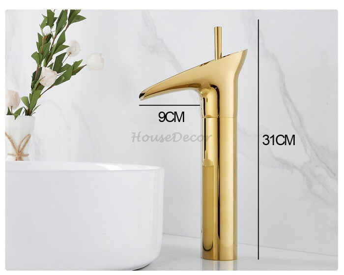 Gold Brass bath shower mixer tap waterfall spout detail view