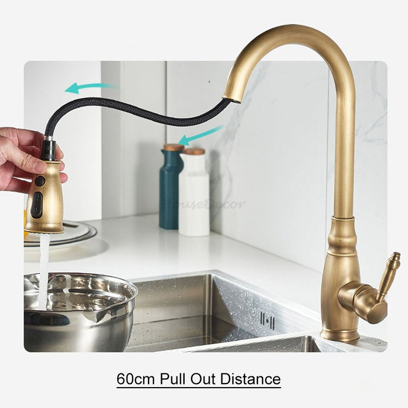 Brushed Brass Kitchen Sink Mixer Tap Pull Out Spray Mono Vintage Swivel Faucet