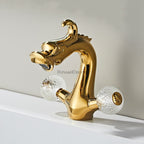 Gold bath shower mixer tap dual handle control detail view