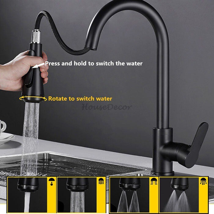 Black bath shower mixer tap pull out spray detail view
