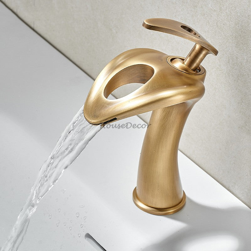 Antique Brass bath shower mixer tap waterfall spout detail view