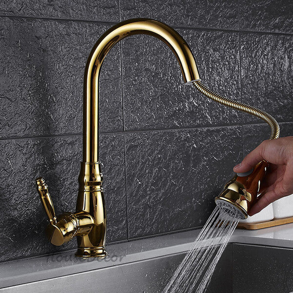 Gold kitchen sink mixer tap pull out spray main view