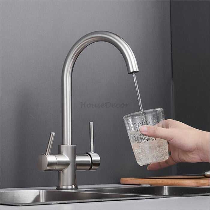 Modern kitchen sink mixer tap swivel spout detail view