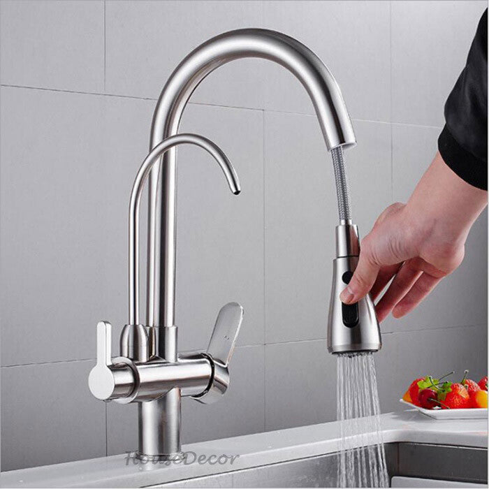 Modern kitchen sink mixer tap pull out spray detail view