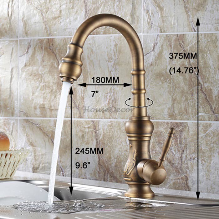 Antique Brass kitchen sink mixer tap swivel spout detail view