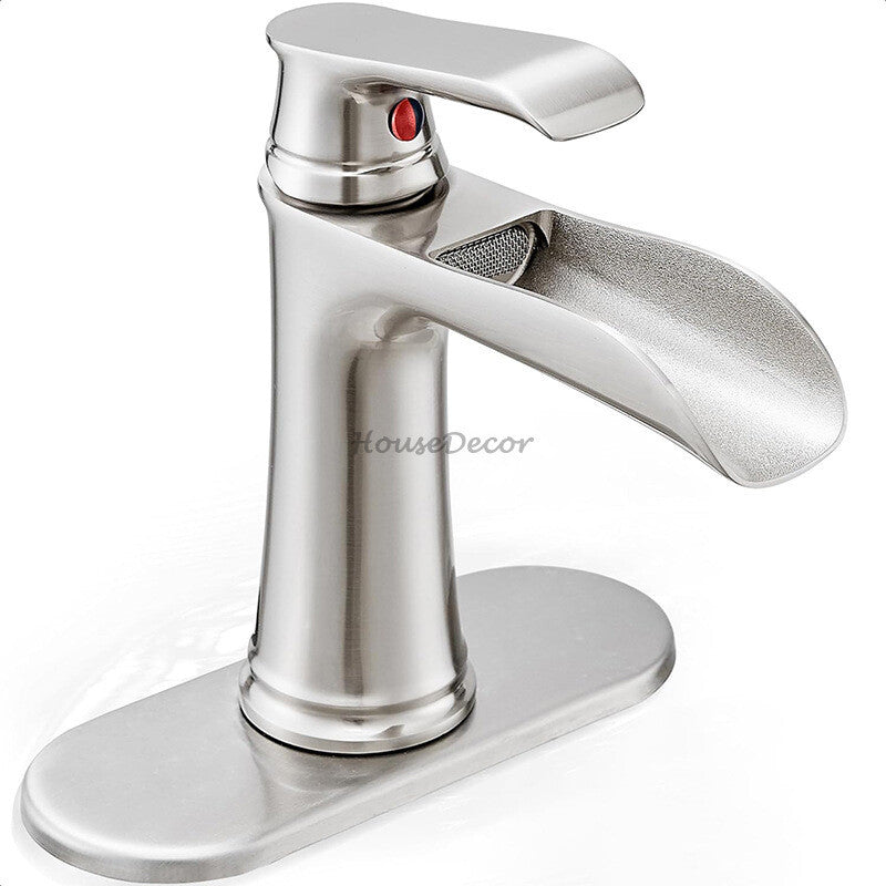 Modern bathroom basin mixer tap waterfall spout detail view