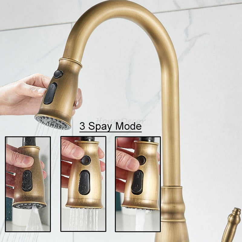Brushed Brass Kitchen Sink Mixer Tap Pull Out Spray Mono Vintage Swivel Faucet