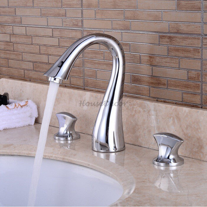 Gold Brass bathroom basin mixer tap deck mounted design detail view