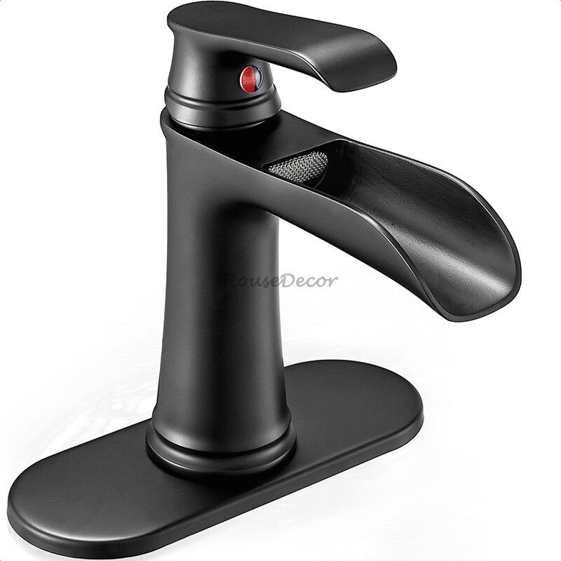 Modern bathroom basin mixer tap waterfall spout detail view