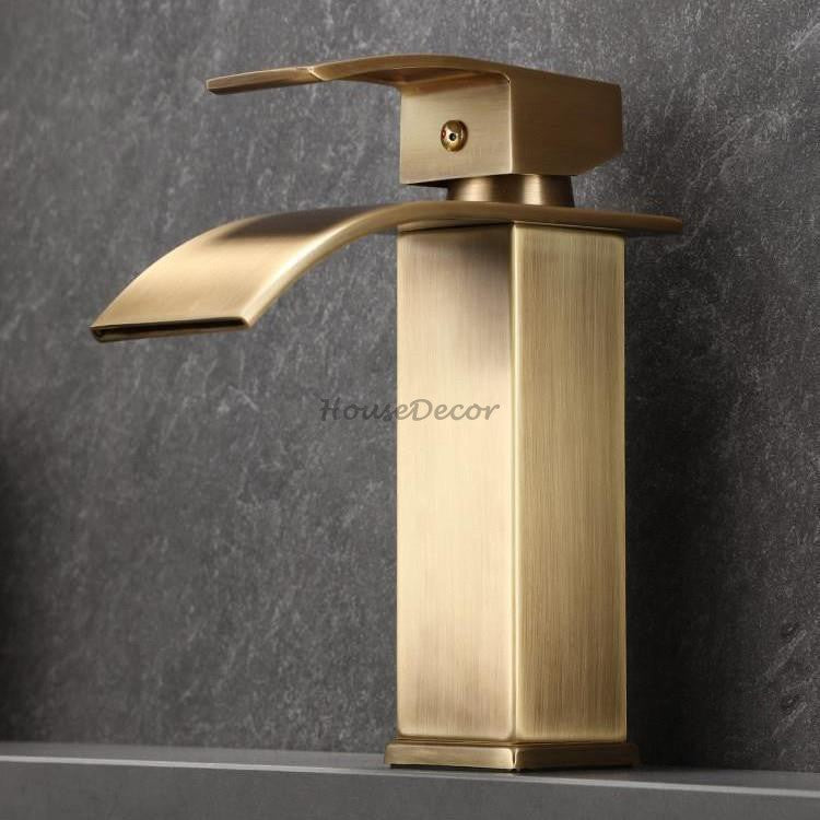 Antique Brass bath shower mixer tap waterfall spout detail view