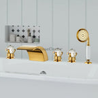 Gold bath shower mixer tap waterfall spout detail view