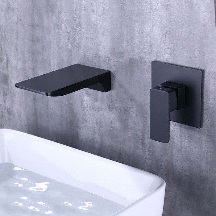 Matte Black bathroom basin mixer tap waterfall spout detail view