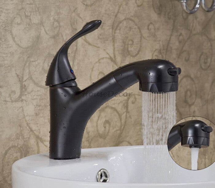 Black faucet pull out spray detail view