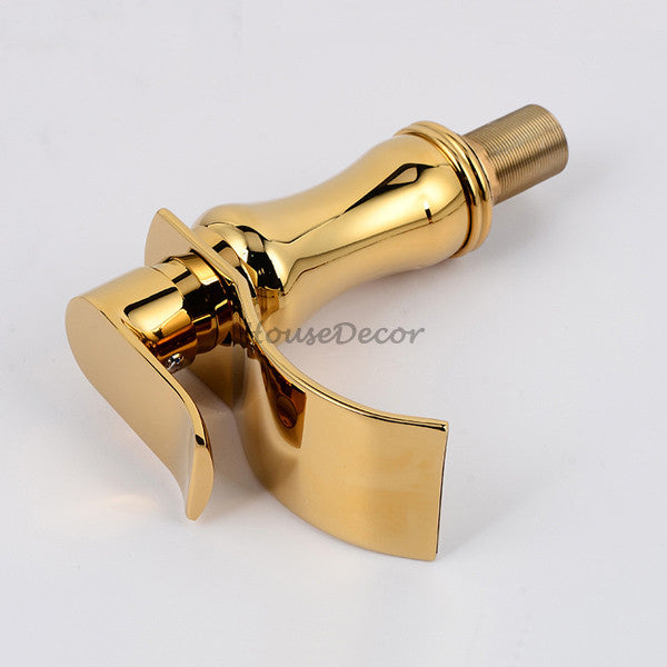 Gold bath shower mixer tap waterfall spout detail view