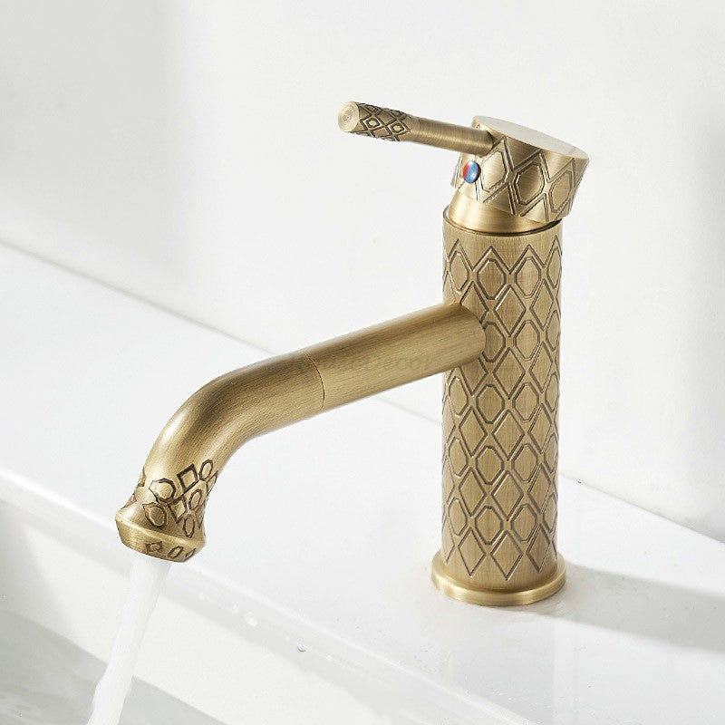 Diamond Pattern Engraved Brass Basin Mixer Tap Bathroom Countertop ‌Single Hole