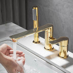 Gold Bathroom Tub Mixer Tap Hand Shower Luxury 3 Hole Deck Mounted Bath Faucet