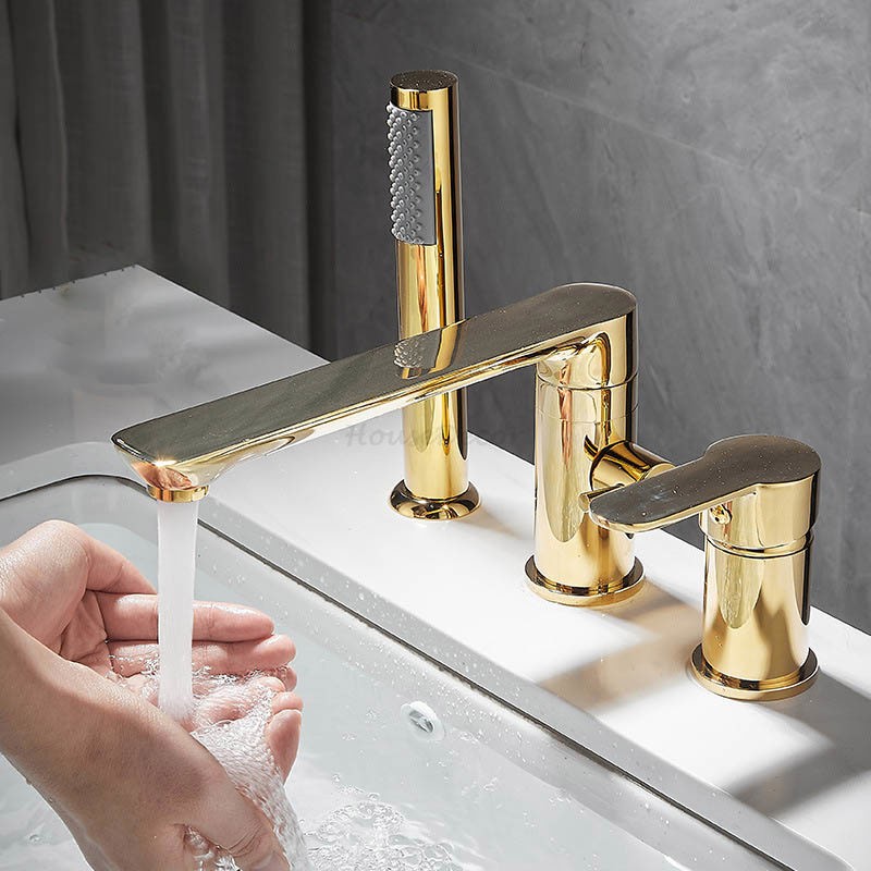 Gold Bathroom Tub Mixer Tap Hand Shower Luxury 3 Hole Deck Mounted Bath Faucet