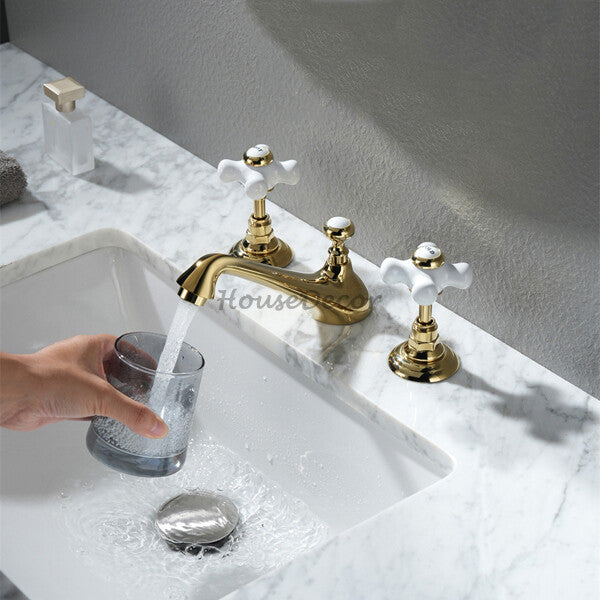Brass bathroom basin mixer tap dual handle control additional view