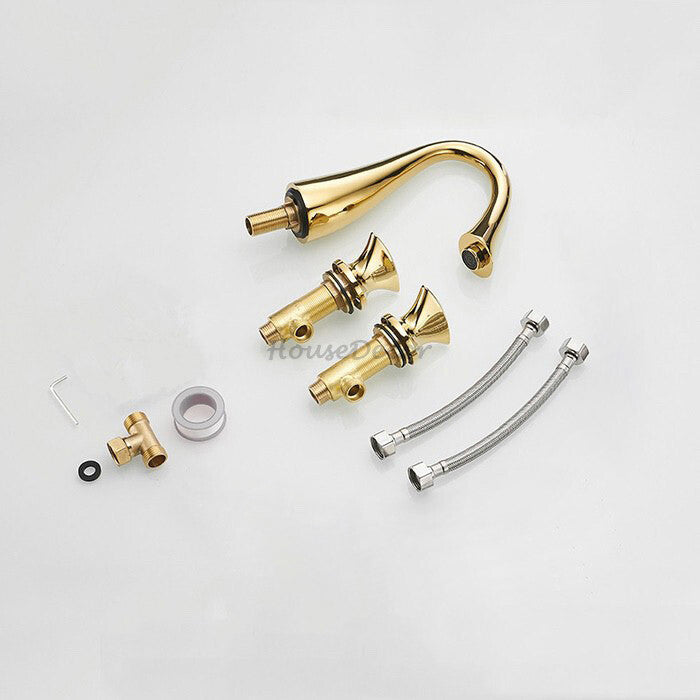 Gold Brass bathroom basin mixer tap deck mounted design additional view