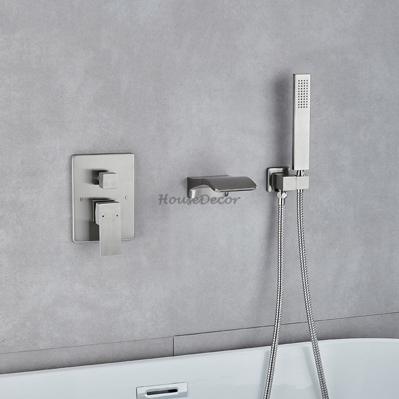 Modern bath shower mixer tap waterfall spout detail view