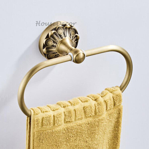Antique Brass towel ring wall mounted design detail view