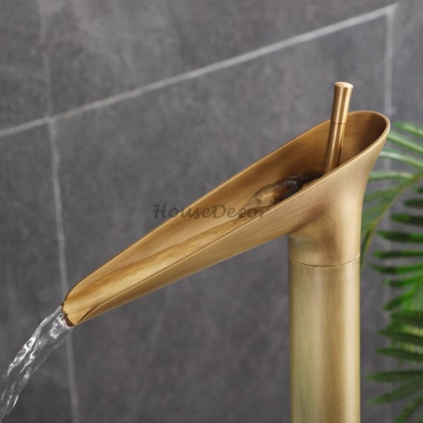 Antique Brass bath shower mixer tap waterfall spout detail view