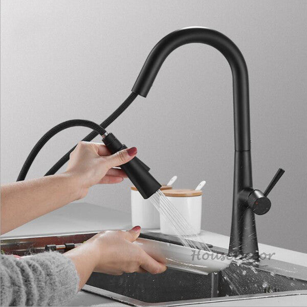 Matte Black kitchen sink mixer tap pull out spray main view