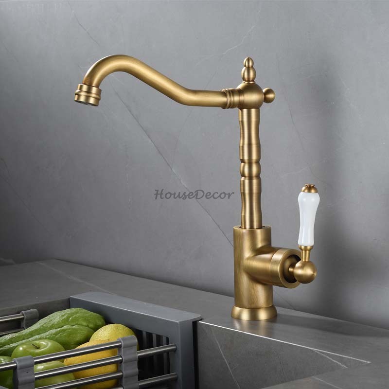 Antique Brass kitchen sink mixer tap swivel spout detail view