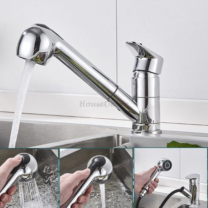 Brass kitchen sink mixer tap pull out spray detail view