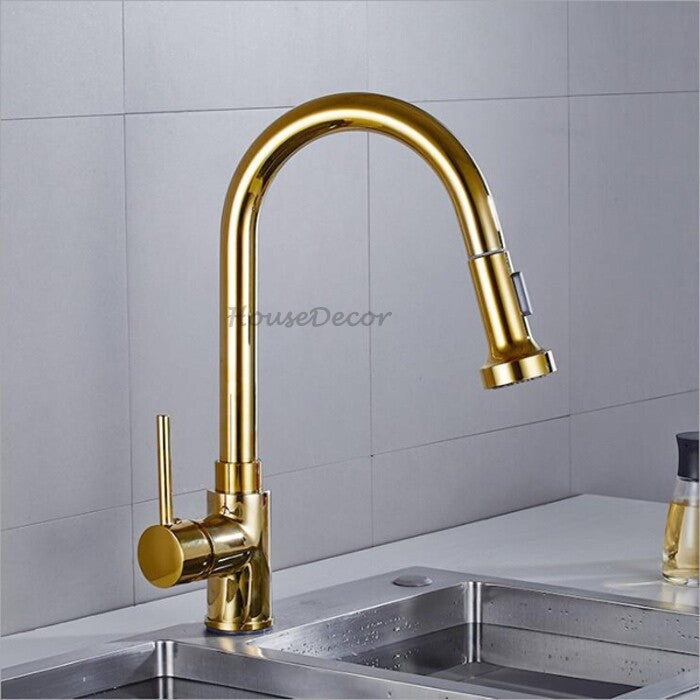 Gold kitchen sink mixer tap pull out spray detail view