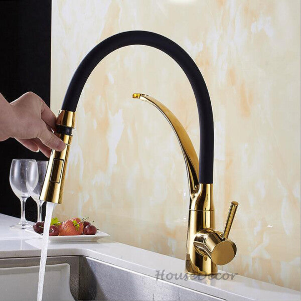 Gold Brass kitchen sink mixer tap swivel spout detail view