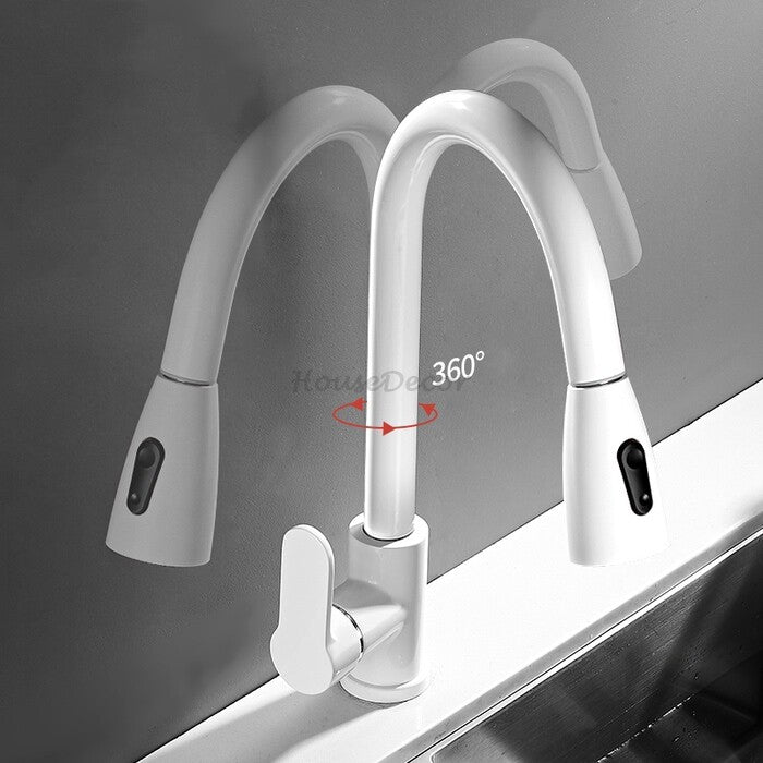 White bath shower mixer tap pull out spray detail view