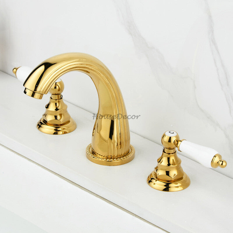 Polished Brass bath shower mixer tap dual handle control detail view