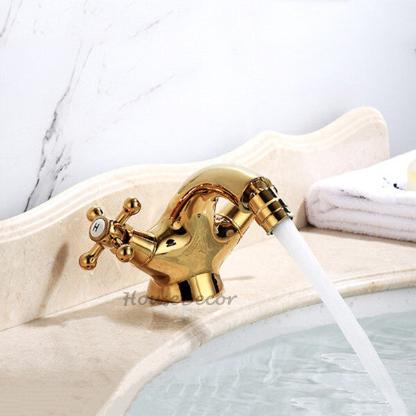 Gold bath shower mixer tap dual handle control detail view