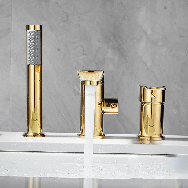 Gold Bathroom Tub Mixer Tap Hand Shower Luxury 3 Hole Deck Mounted Bath Faucet
