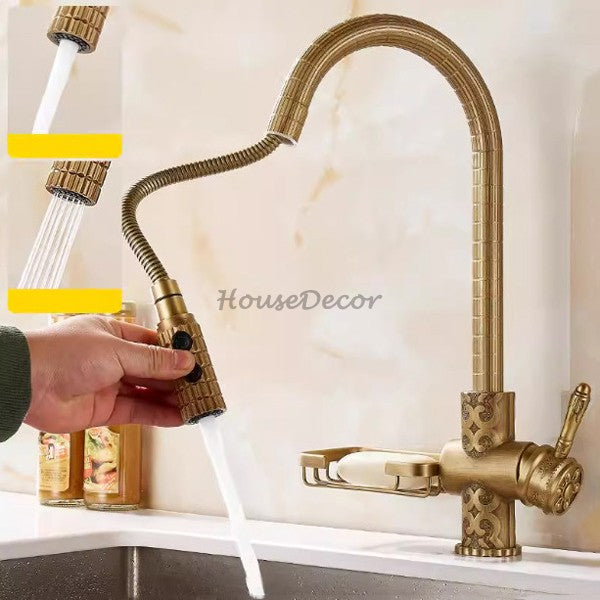 Modern Brass kitchen sink mixer tap pull out spray detail view