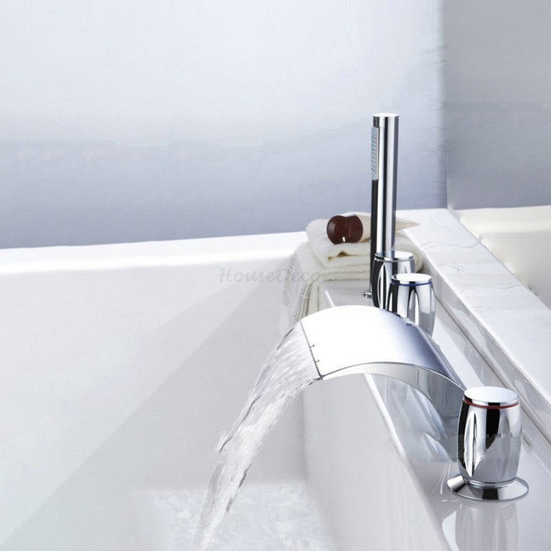 Modern bath shower mixer tap waterfall spout detail view