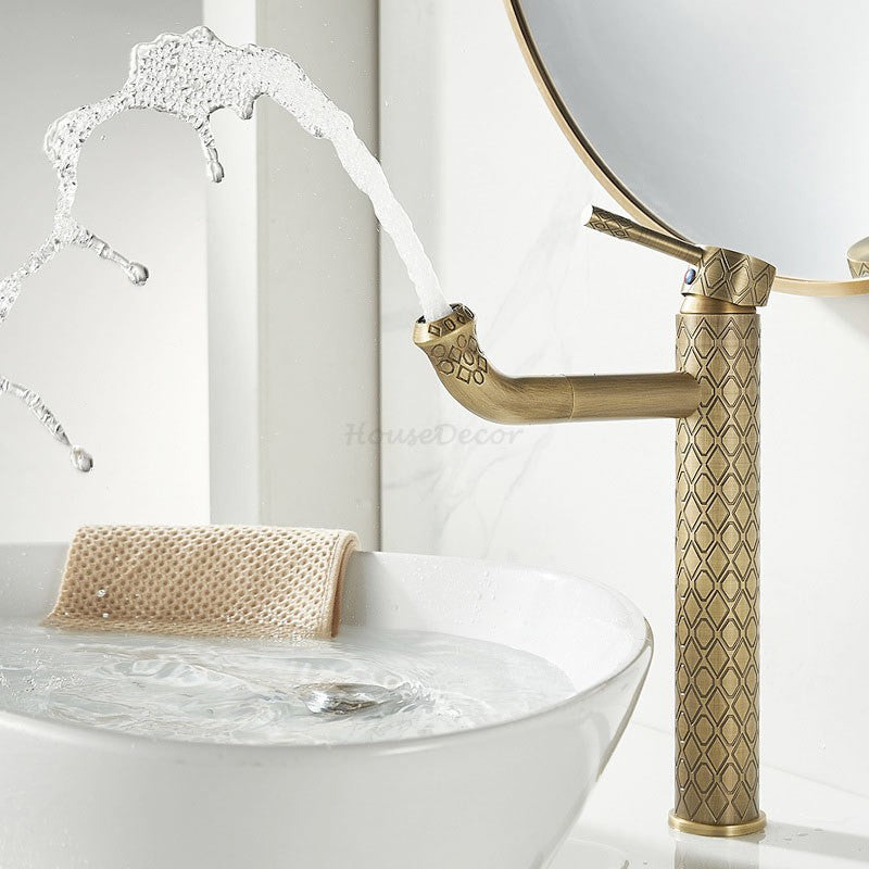 Diamond Pattern Engraved Brass Basin Mixer Tap Bathroom Countertop ‌Single Hole