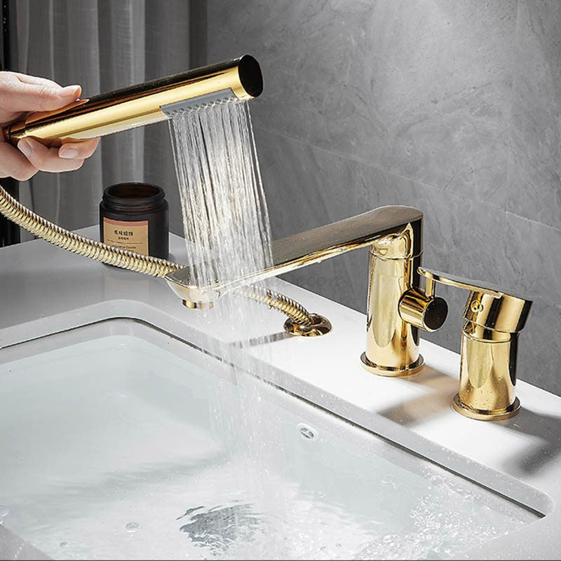 Gold Bathroom Tub Mixer Tap Hand Shower Luxury 3 Hole Deck Mounted Bath Faucet