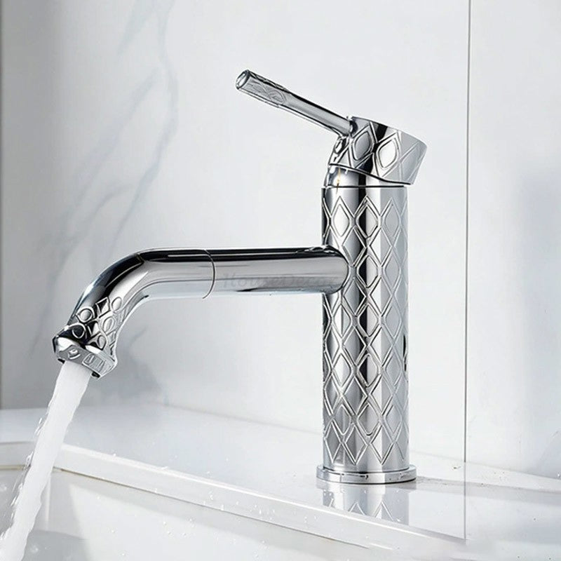 Diamond Pattern Engraved Brass Basin Mixer Tap Bathroom Countertop ‌Single Hole